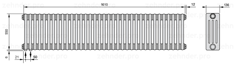 Схема (чертеж) Радиатор Zehnder Charleston 4055/35 №3370 Белый глянцевый RAL 9016